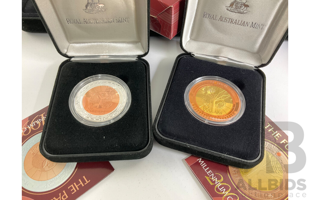 Australian RAM 1999 2000 2001 Commemorative PROOF $10 Coins. Each 33 Grams, Copper Centre, Fine Silver Outer.