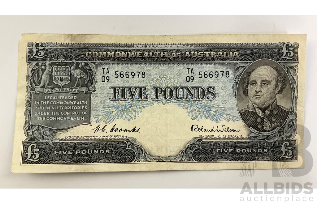 Australian 1954 Five Pound Note, Coombs Wilson, TA09 566978