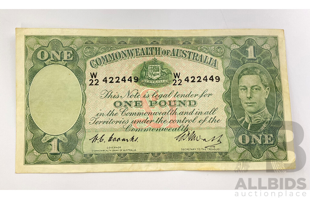 Australian 1949 One Pound Note, Coombs Watt, W22 422449