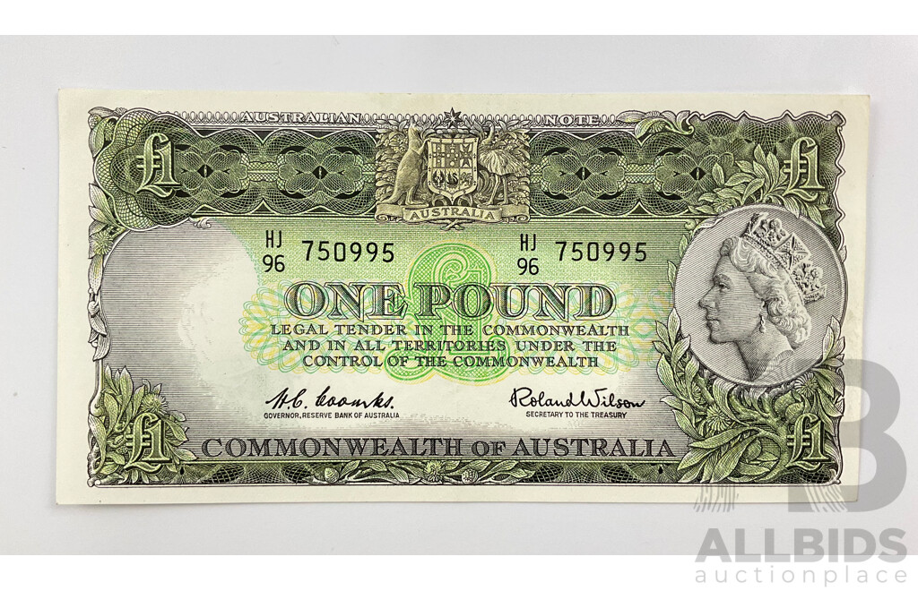 Australian 1961 One Pound Note, Coombs Wilson, HJ96 750995