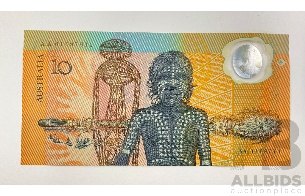 Australia 1988 $10 Note Fraser Johnston A01,AA01097611, UNC