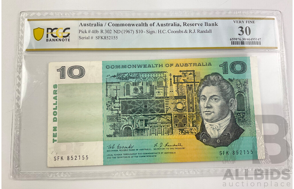 Australian 1967 $10 Note Coombs Randall R302, SFK 8582155 Graded VF