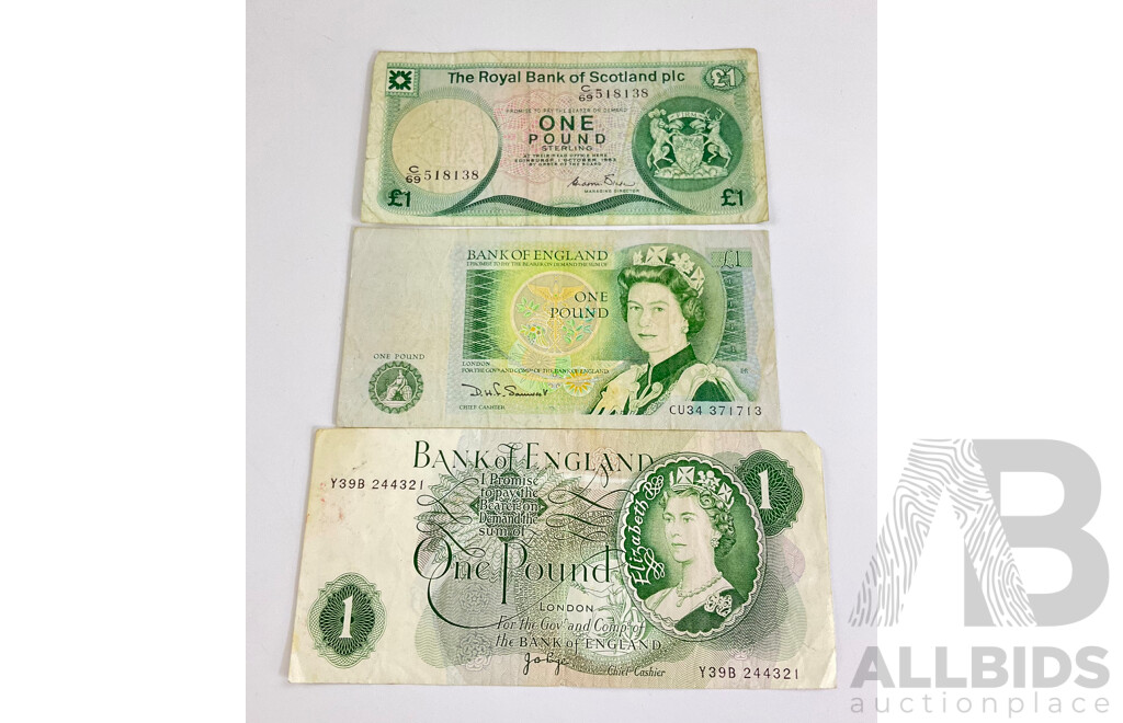 Three UK One Pound Notes