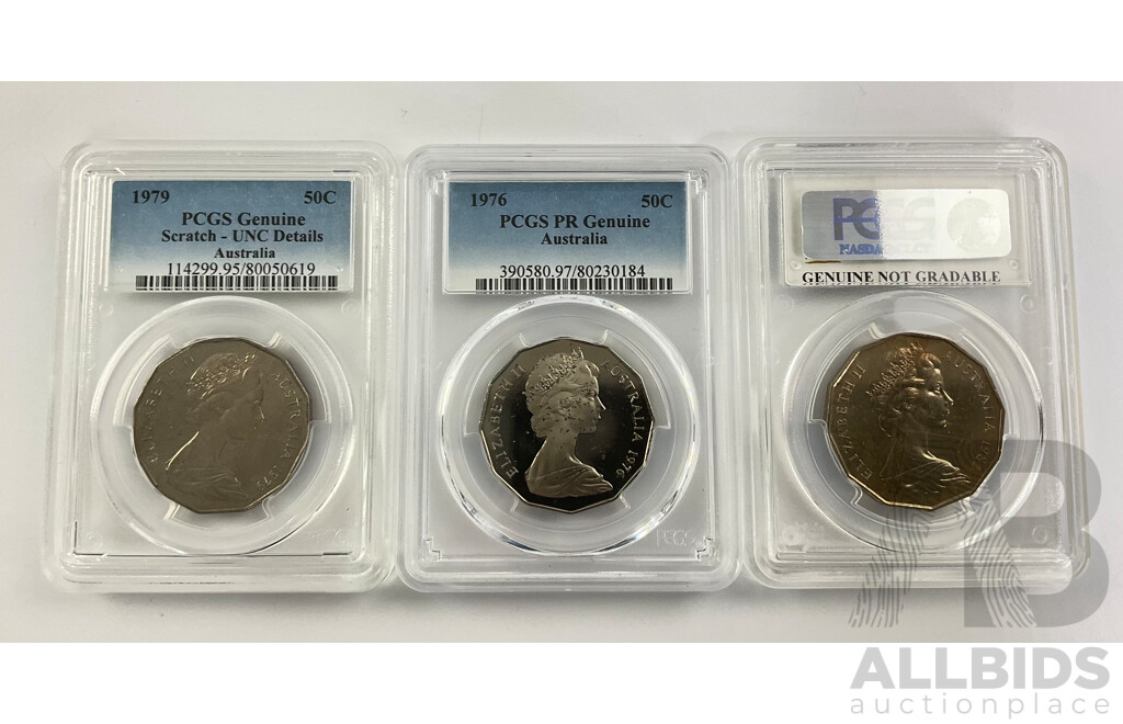 Three Australian UNC 50c Coins, 1976, 1979, 1982
