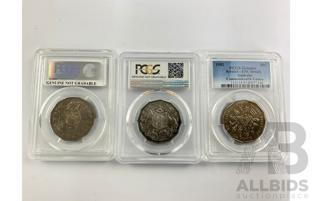 Three Australian UNC 50c Coins, 1976, 1979, 1982