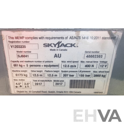 06/2017, 41ft Skyjack SJ8841 RT Diesel Scissor Lift - 12.5m FSV