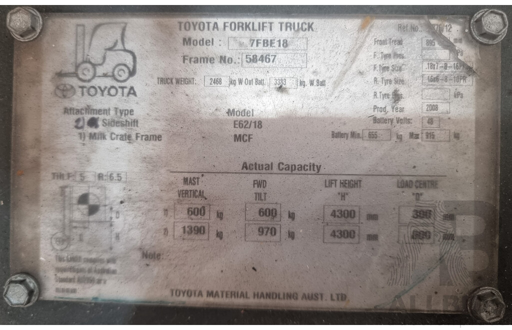 2008, Toyota 7FBE-18 Electric Forklift