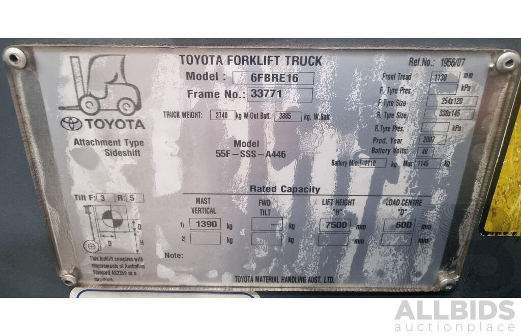2007,Toyota Electric Stock Picker, 6FBRE16 (3350MM Height) 7.5m FSV