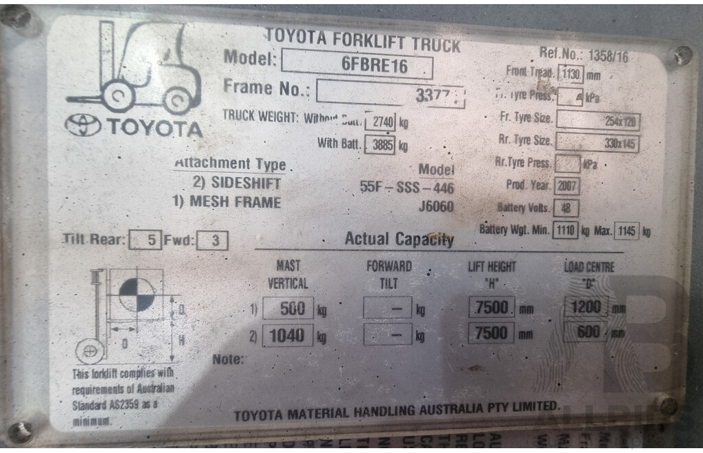 2007,Toyota Electric Stock Picker, 6FBRE16 (3350MM Height) 7.5m FSV
