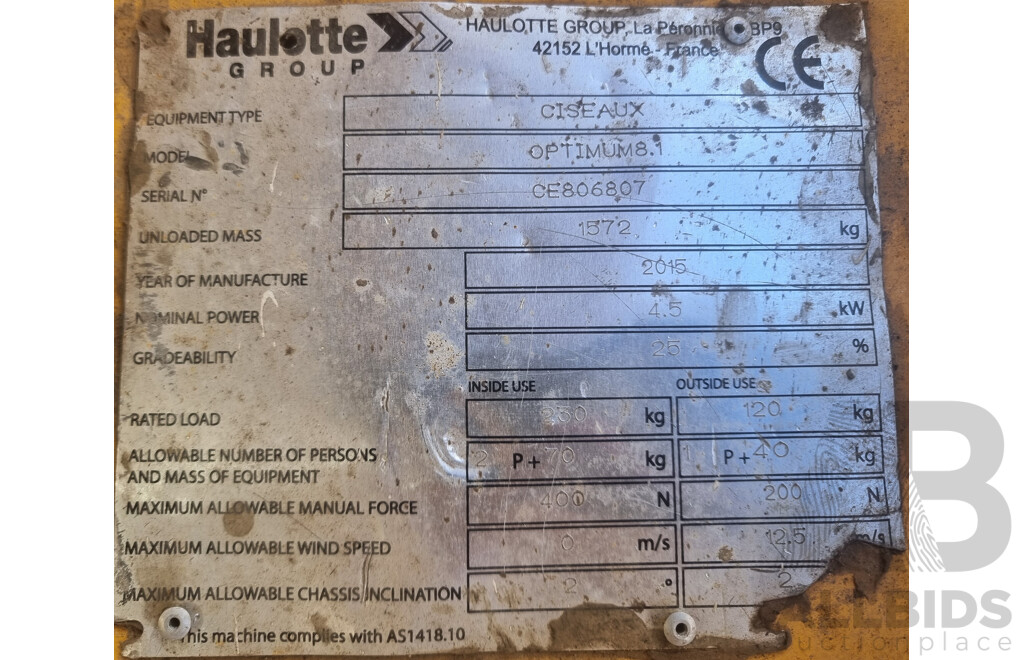 08/2015, 20ft Haulotte 8 Electric Scissor Lift - 6.27m FSV