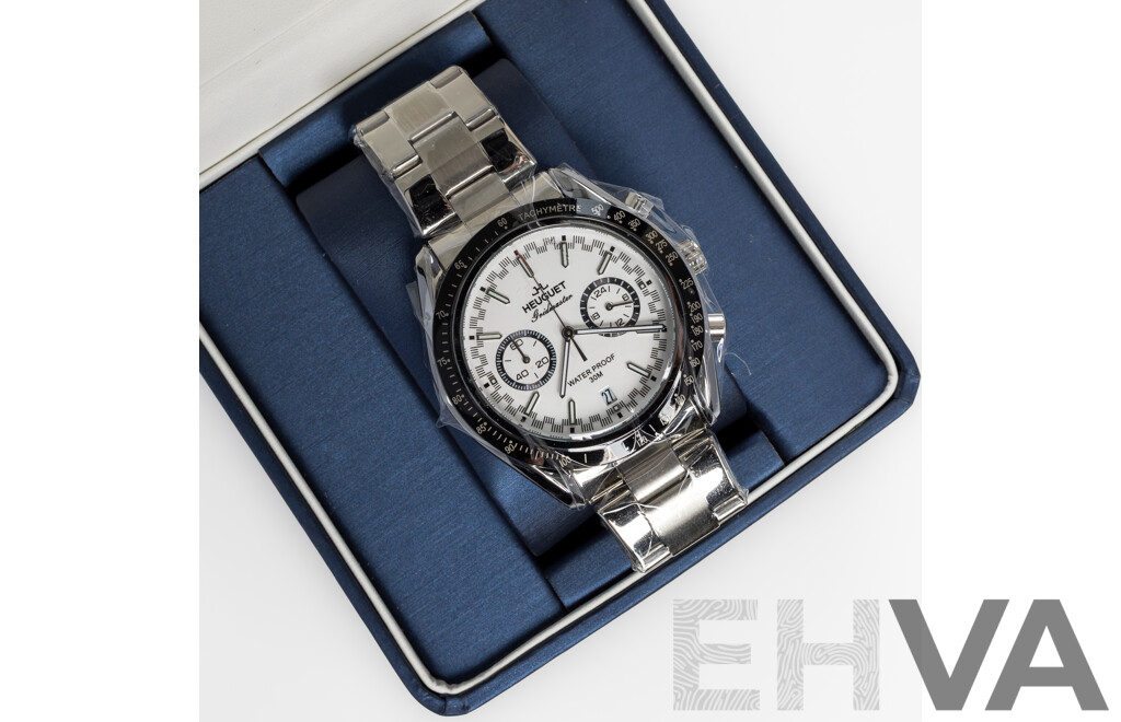 Heuguet Gridmaster WR30 Watch, Silver/White, 44mm, HEU602 - NEW