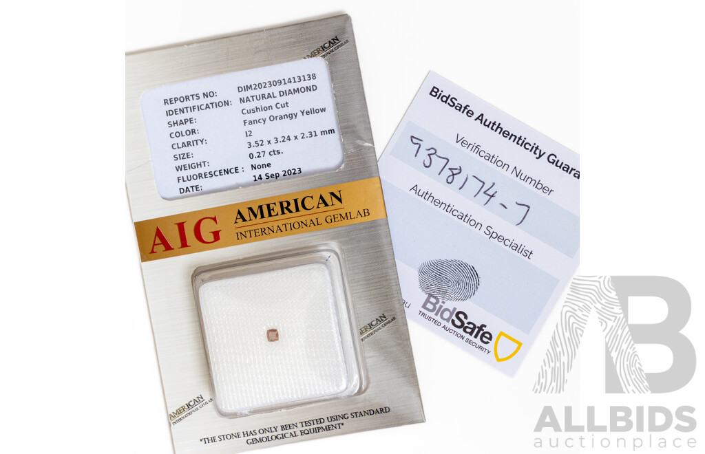 Diamond, 0.27ct Natural Unset Fancy Orangy Yellow Cushion Cut Gemstone, with AIG Certificate