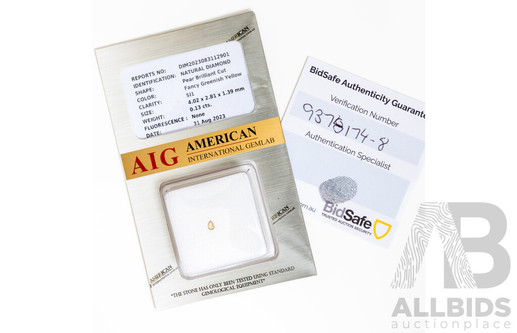 Diamond, 0.13ct Fancy Greenish Yellow Pear Cut Gemstone with AIG Certificate