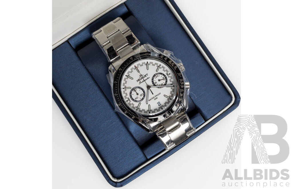 Heuguet Gridmaster WR30 Watch, Silver/White, 44mm, HEU602 - NEW