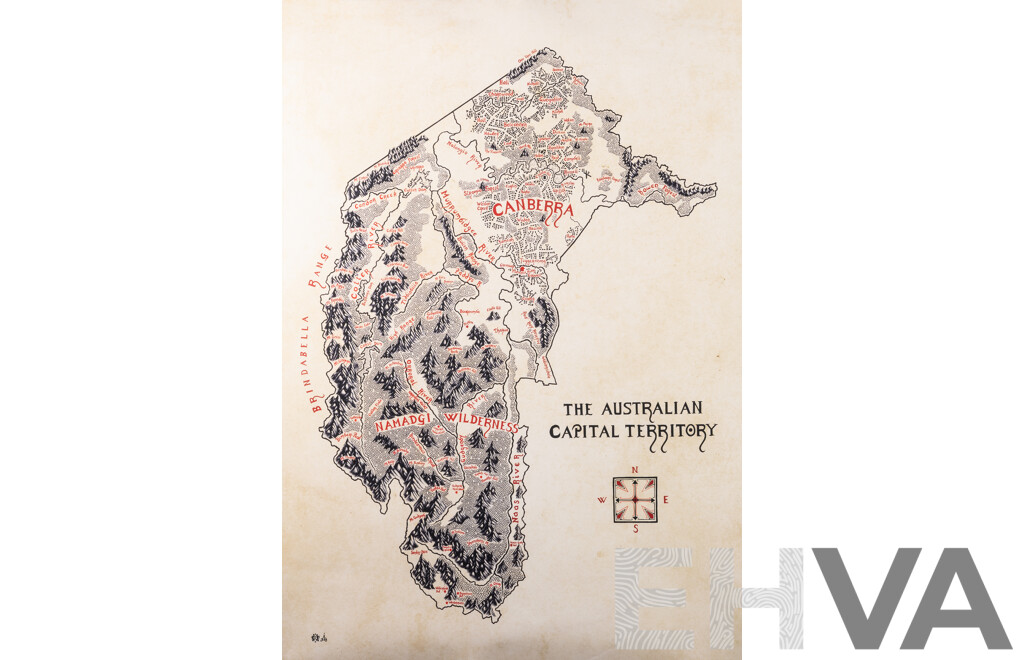 Artist Unknown, Hand Drawn J. R. R. Tolkien Style Map of Canberra, Ink & Paper Poster From Wildwood Maps, 84 x 59.5 cm