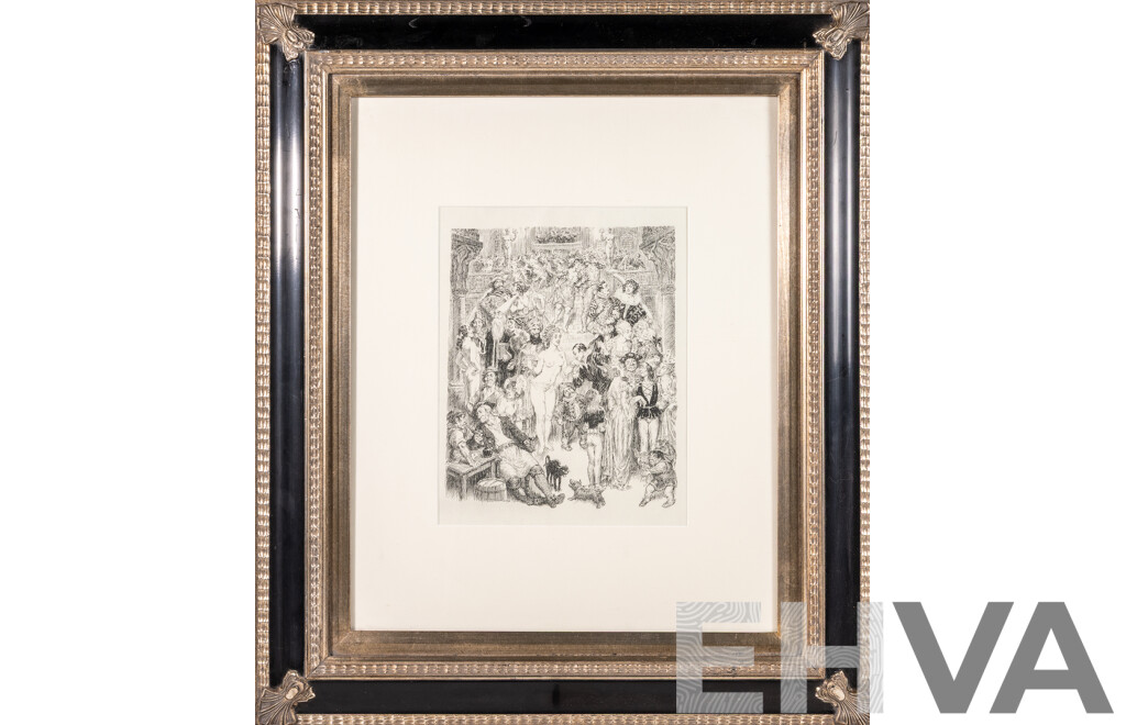 Norman Lindsay, (Late 19th/20th Century, Australian, 1879-1969), The Party (1966), Vintage Lithographic Reproduction Print of Original Pen, Ink and Pencil, 68 x 58 cm (frame)