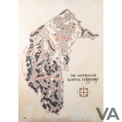 Artist Unknown, Hand Drawn J. R. R. Tolkien Style Map of Canberra, Ink & Paper Poster From Wildwood Maps, 84 x 59.5 cm