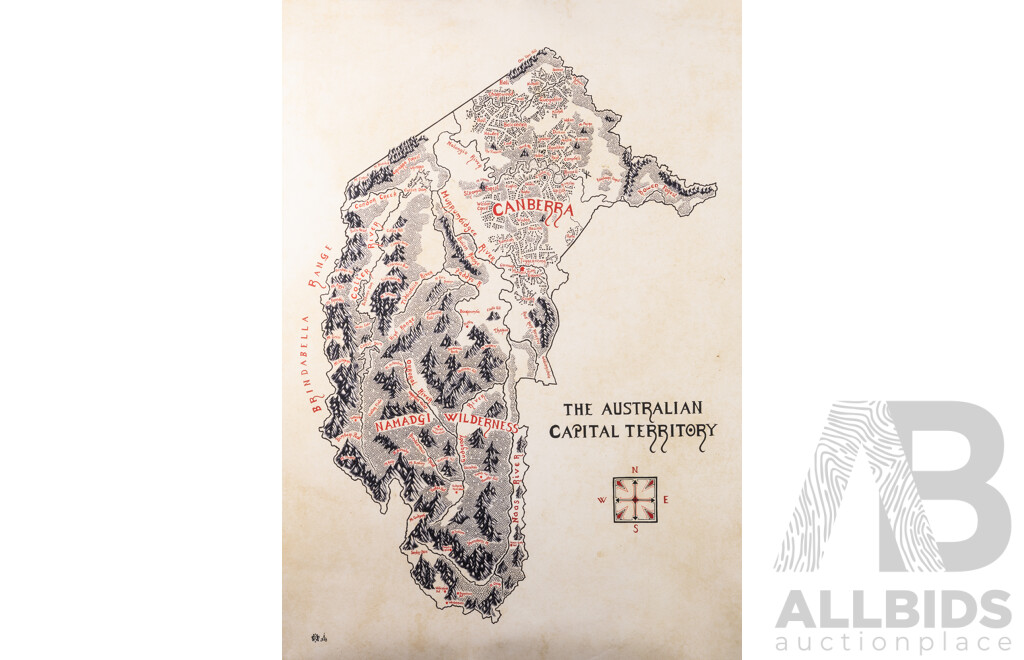 Artist Unknown, Hand Drawn J. R. R. Tolkien Style Map of Canberra, Ink & Paper Poster From Wildwood Maps, 84 x 59.5 cm