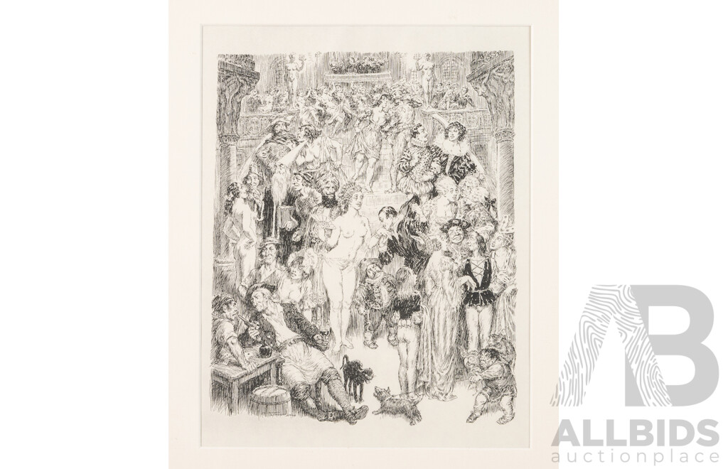 Norman Lindsay, (Late 19th/20th Century, Australian, 1879-1969), The Party (1966), Vintage Lithographic Reproduction Print of Original Pen, Ink and Pencil, 68 x 58 cm (frame)