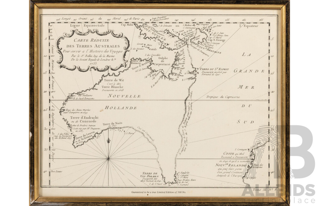 Jacques-Nicolas Bellin, (1702-1772), Carte Reduite Des Terres Australes, Vintage Copy of Original Copper Engraving, 31 x 38 cm (frame)