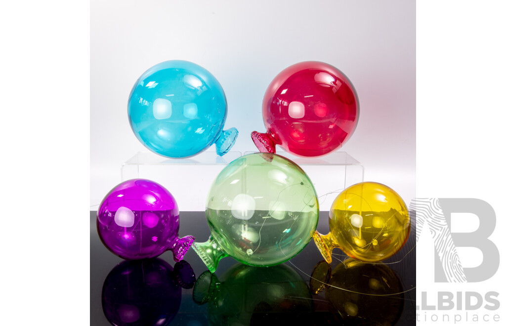 Nice Collection Five Hand Blown Christmas Glass Hanging Baubles in Different Colours