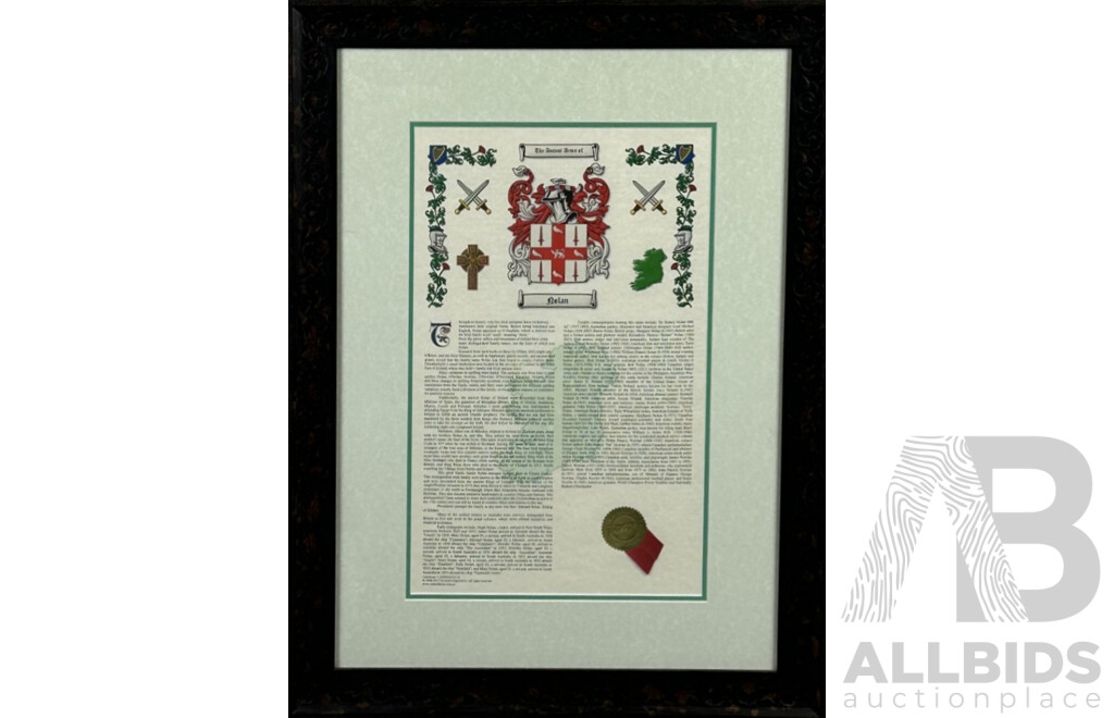 The Ancient Arms of Nolan, Ink and Paper, Beautifully Framed, 66 x 49 cm (frame)