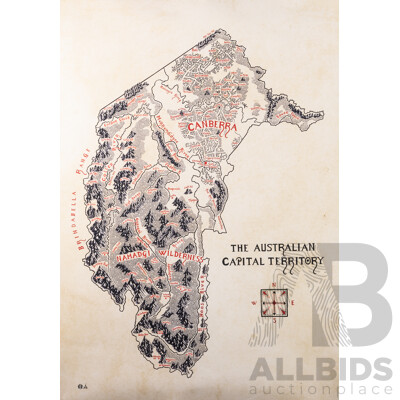 Artist Unknown, Hand Drawn J. R. R. Tolkien Style Map of Canberra, Ink & Paper Poster From Wildwood Maps, 84 x 59.5 cm