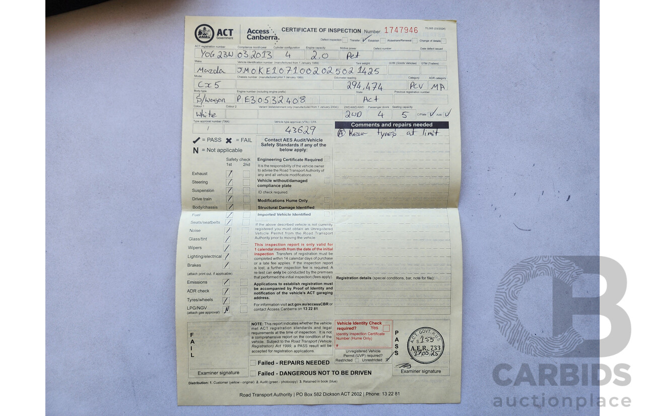 3/2013 Mazda Cx-5 MAXX Sport (4x2) MY13 4d Wagon White 2.0L