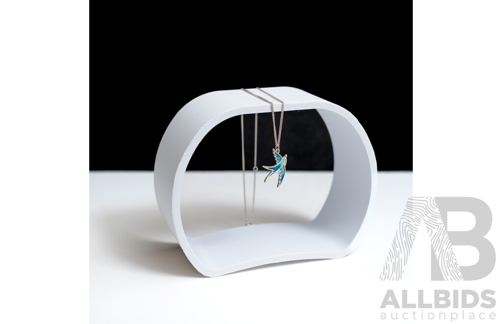 Sheila Fleet Sterling Silver Contemporary Swallows 32mm Pendant in Summer Blue Enamel & Chain, 40+5cm, 6.95 Grams