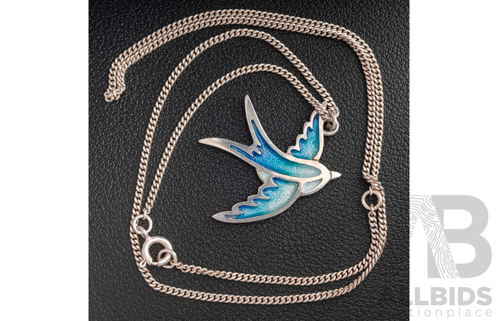 Sheila Fleet Sterling Silver Contemporary Swallows 32mm Pendant in Summer Blue Enamel & Chain, 40+5cm, 6.95 Grams