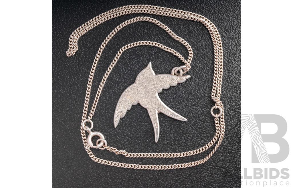 Sheila Fleet Sterling Silver Contemporary Swallows 32mm Pendant in Summer Blue Enamel & Chain, 40+5cm, 6.95 Grams