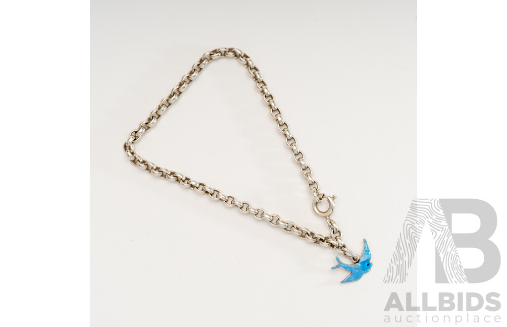 Vintage Sterling Silver Blue Bird of Happiness Oval Belcher Link Bracelet, 18cm, 6.77 Grams