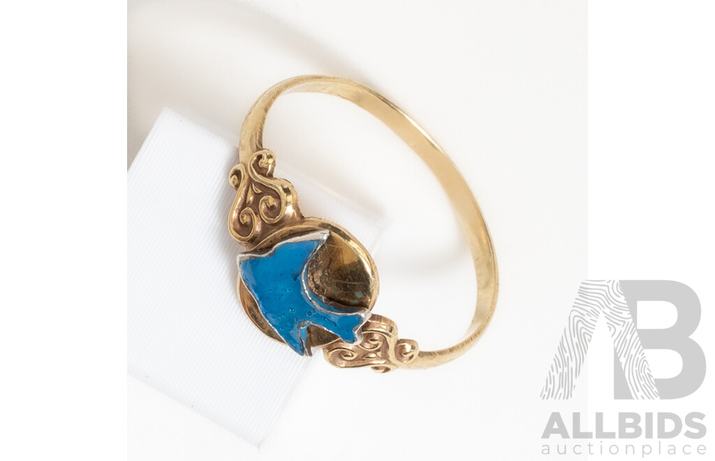 9ct Vintage Blue Bird of Happiness Signet Ring, Size I, 0.93 Grams