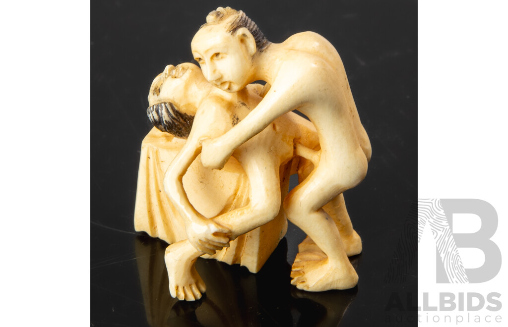 Chinese Carved Ivory Figure of Couple Engaged in Erotic Activity