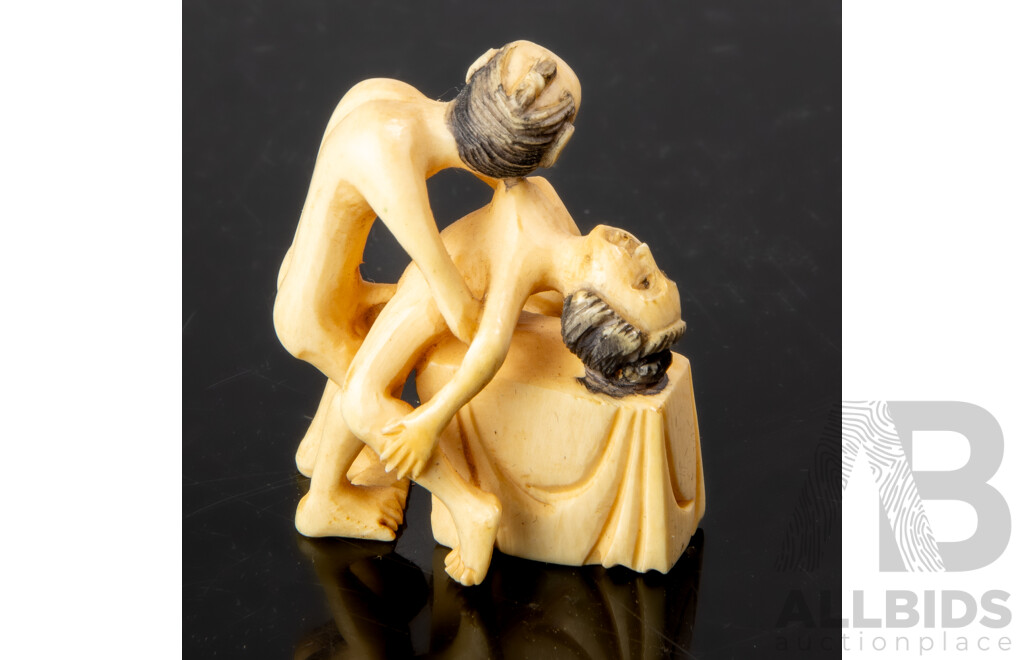 Chinese Carved Ivory Figure of Couple Engaged in Erotic Activity