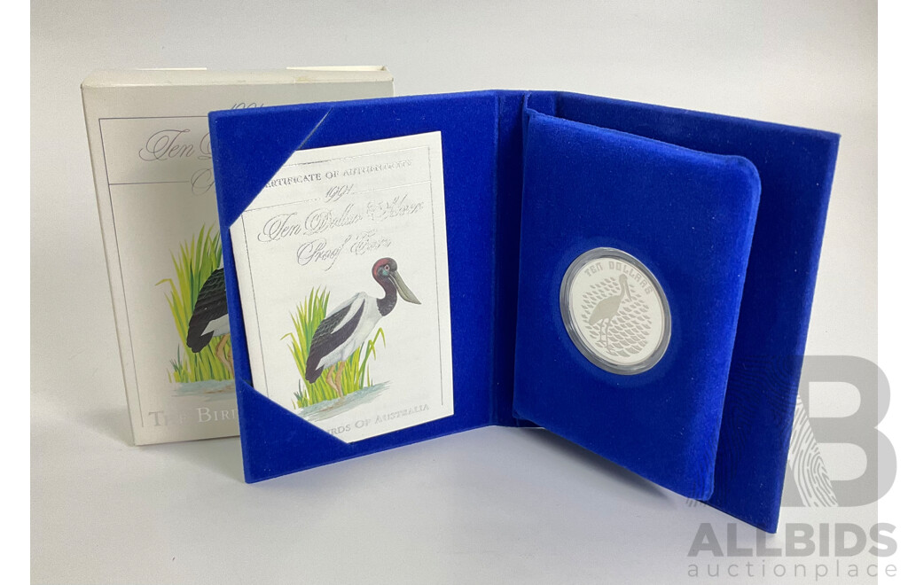 Australian RAM 1991 Silver Proof Ten Dollar Coin, Birds of Australia, Jabiru .925