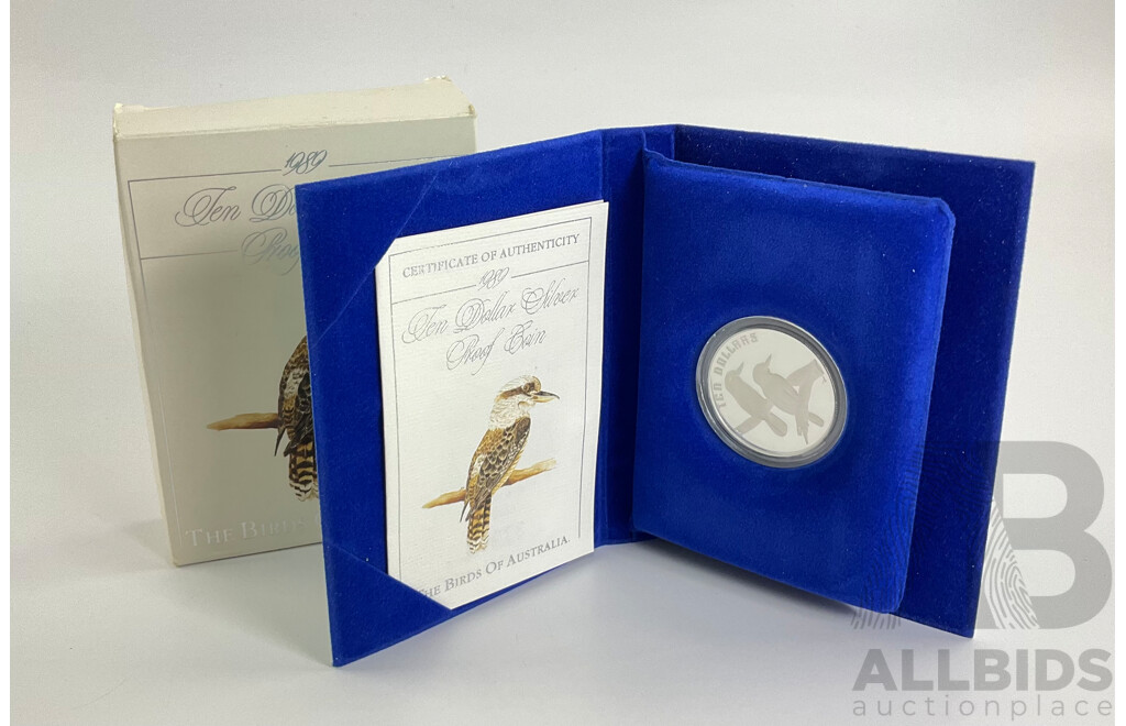 Australian RAM 1989 Silver Proof Ten Dollar Coin, Birds of Australia, Kookaburra .925