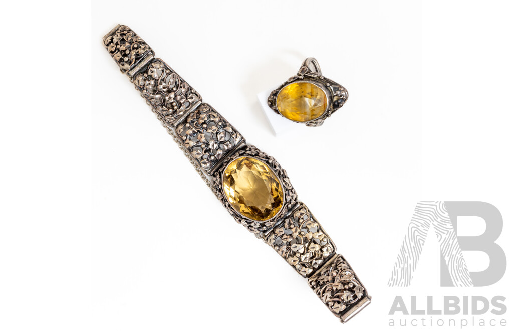 Vintage Sterling Silver Citrine Bracelet, 16.5cm and Matching Citrine Ring, Size M, 26.59 Grams