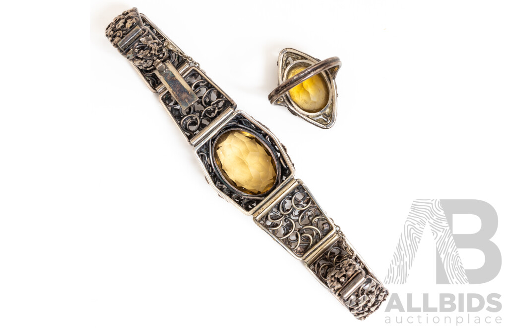 Vintage Sterling Silver Citrine Bracelet, 16.5cm and Matching Citrine Ring, Size M, 26.59 Grams