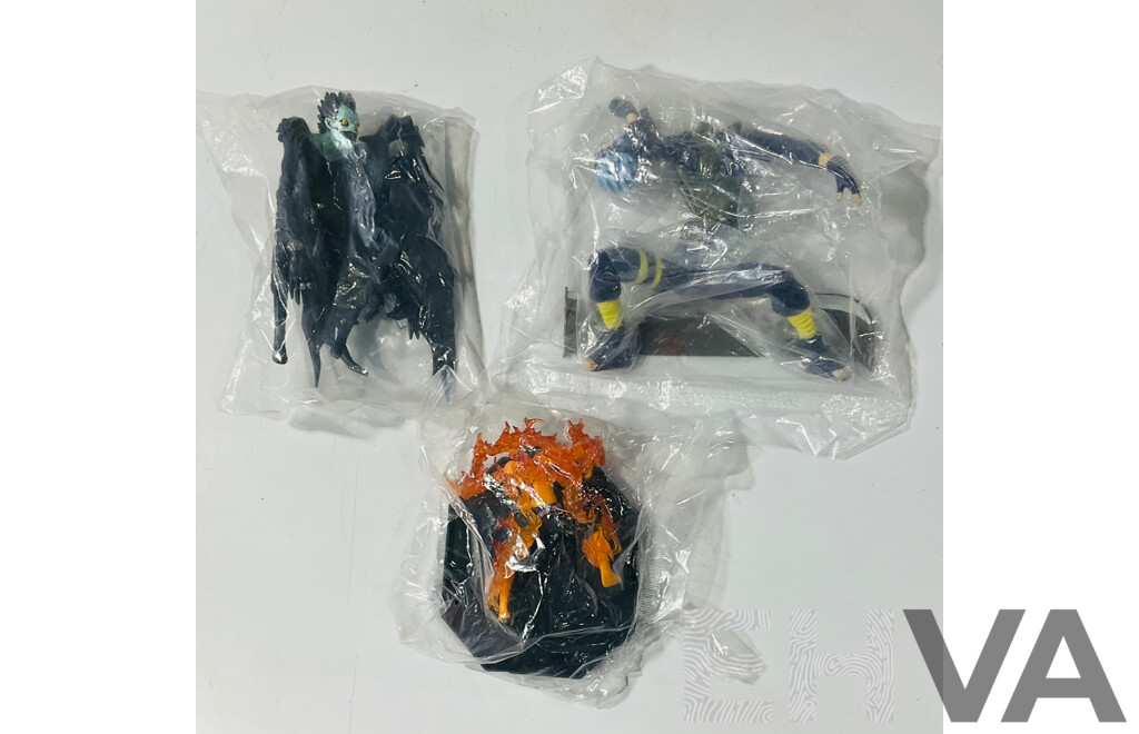 Collection of Three Figures From Different Anime Franchises Including Ryuk From Death Note, Portgas D. Ace From One Piece and Kakashi From Naruto