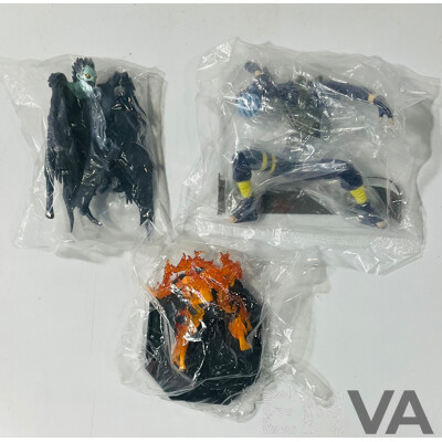 Collection of Three Figures From Different Anime Franchises Including Ryuk From Death Note, Portgas D. Ace From One Piece and Kakashi From Naruto