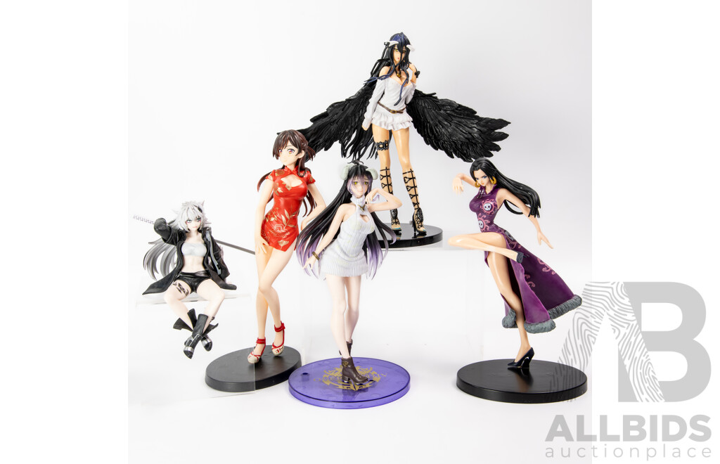 Collection Five Japanese Adult Hentai Anime Risqué Girly Figures, Four with Stands