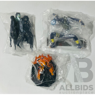Collection of Three Figures From Different Anime Franchises Including Ryuk From Death Note, Portgas D. Ace From One Piece and Kakashi From Naruto