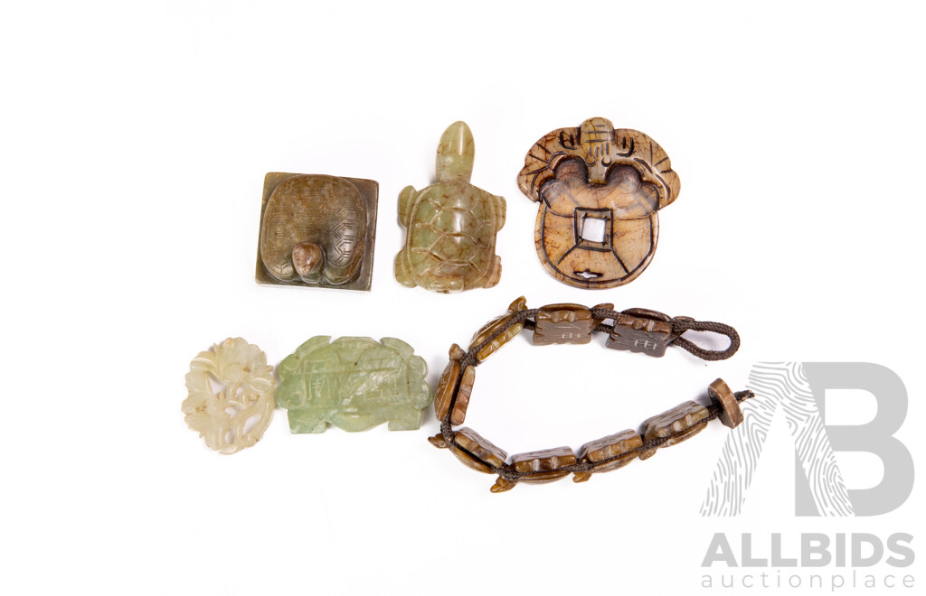 Collection Hardstone Chinese Carved Pieces Including Turtle Figure and More