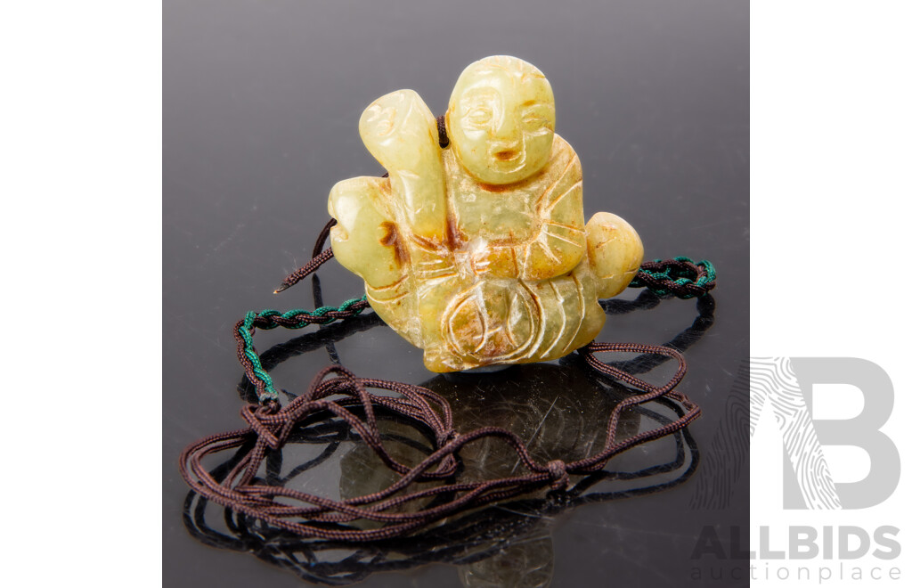 Vintage Jadeite Chinese Carved Buddha with Fish Pendant
