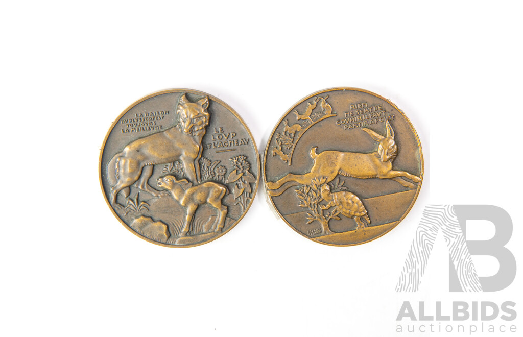 Two Antique French Bronze Medallions by Jean Vernon Comprising The Hare and Tortoise and The Wolf and the Lamb