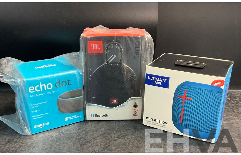 ULTIMATE EARS Wonderboom & JBL Clip3 Speaker & AMAZON Echo Dot - Lot of 3