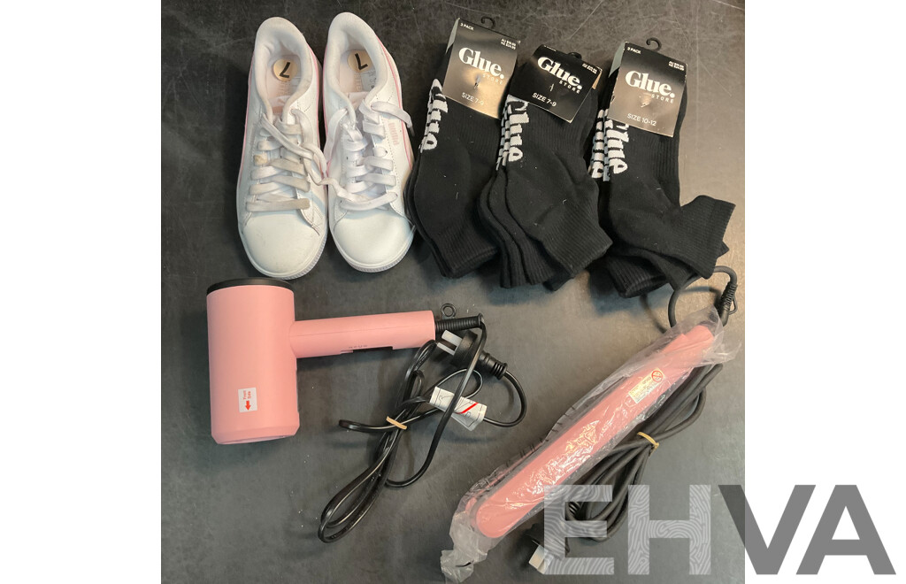 Puma Ladies Size 7 Shoes & Anko Hair Dryer & Straightener & Glue Black Socks - Lot of 5