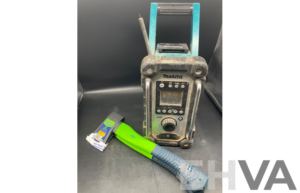 MAKITA (DMR107) JobSite Radio - Skin Only and SAXON 450g Hatchet (x2) - Lot of 3