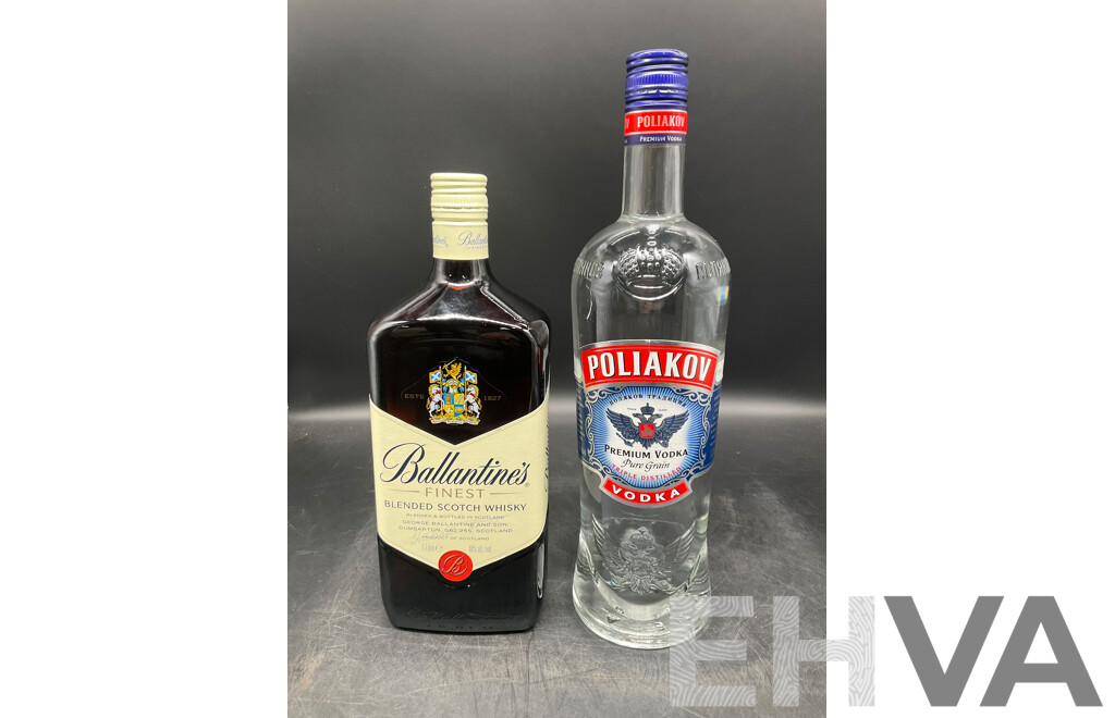 POLIAKOV Vodka 1L, BALLANTINES Whisky 1l - Lot of 2